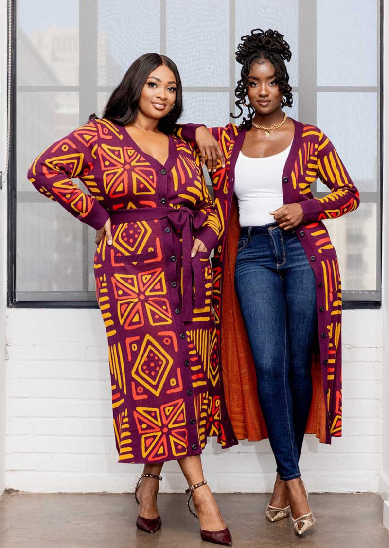 Aisha Women's African Print Cardigan (Plum Gold Tribal)