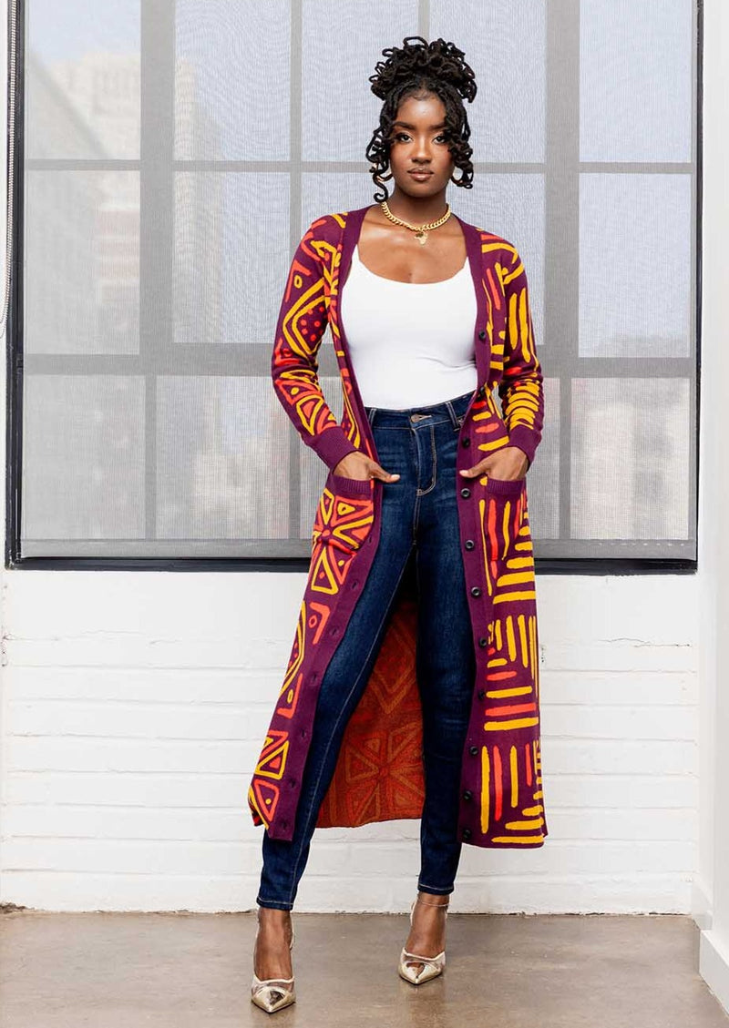Aisha Women's African Print Cardigan (Plum Gold Tribal)