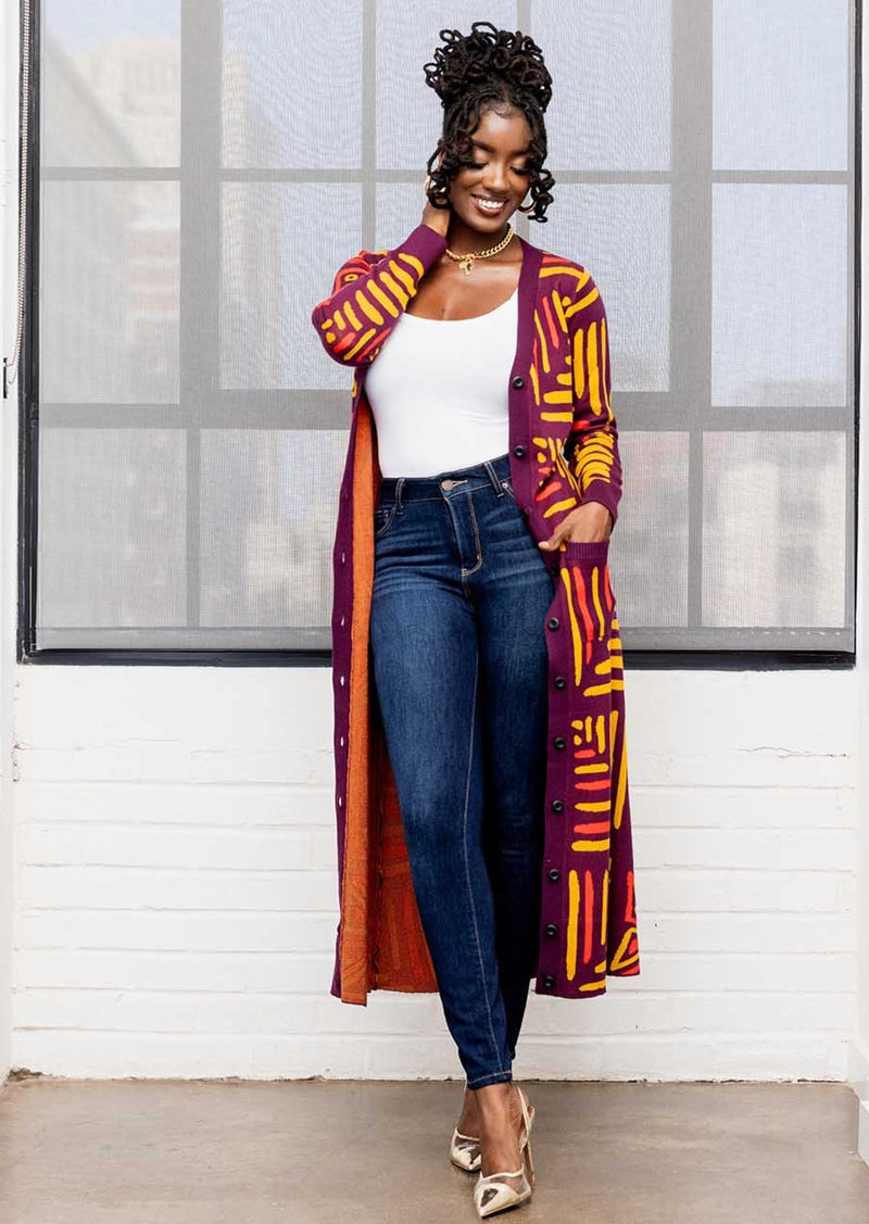 Aisha Women's African Print Cardigan (Plum Gold Tribal) – D'IYANU