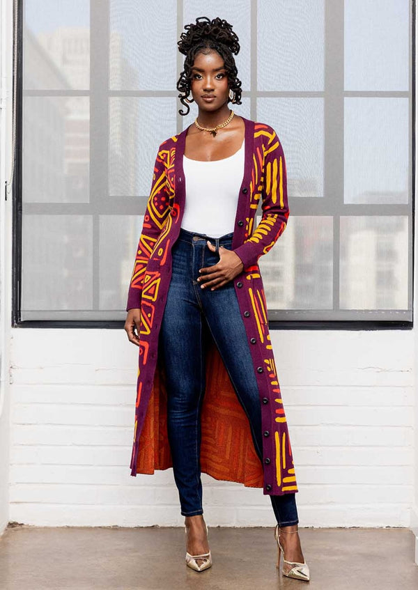 Aisha Women's African Print Cardigan (Plum Gold Tribal)