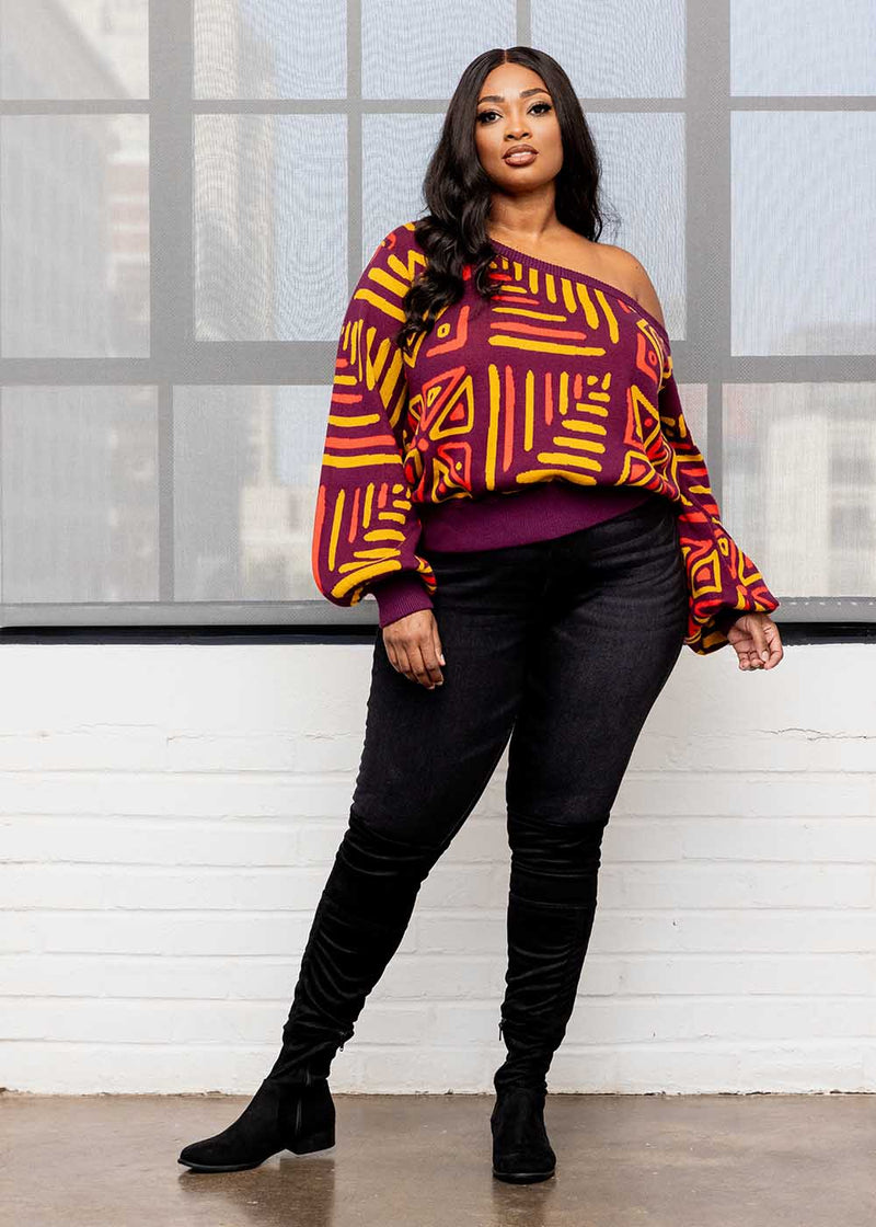 Hiba Women's African Print Sweater (Plum Gold Tribal)
