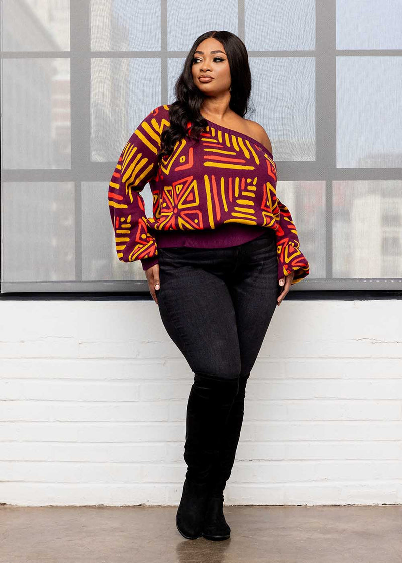 Hiba Women's African Print Sweater (Plum Gold Tribal)