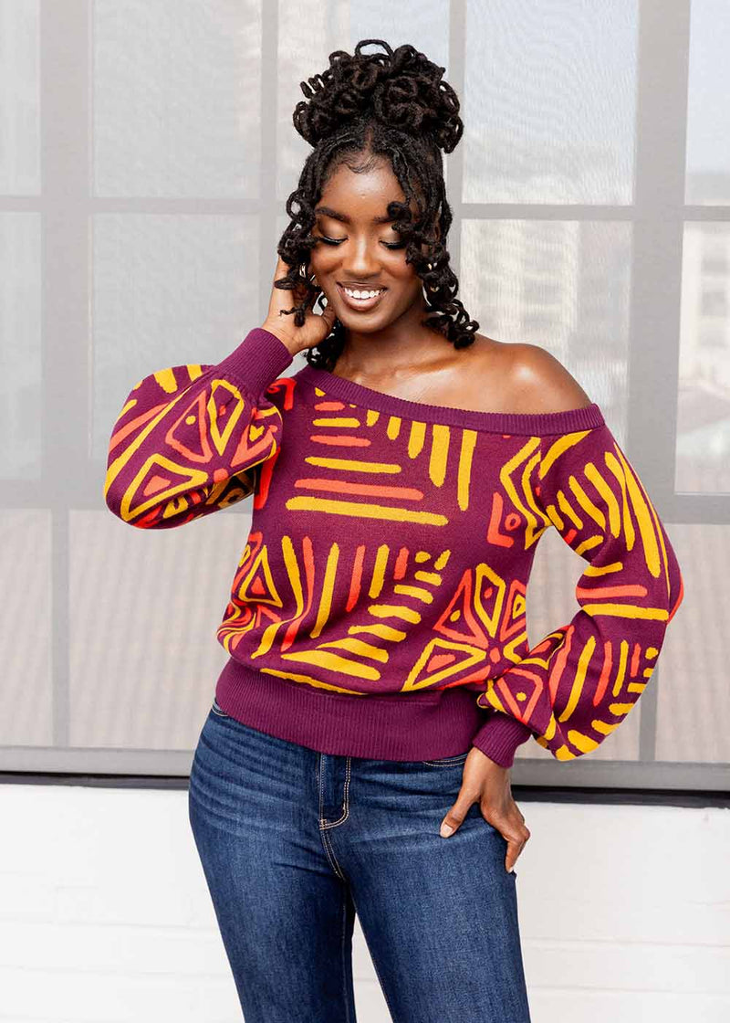 Hiba Women's African Print Sweater (Plum Gold Tribal)