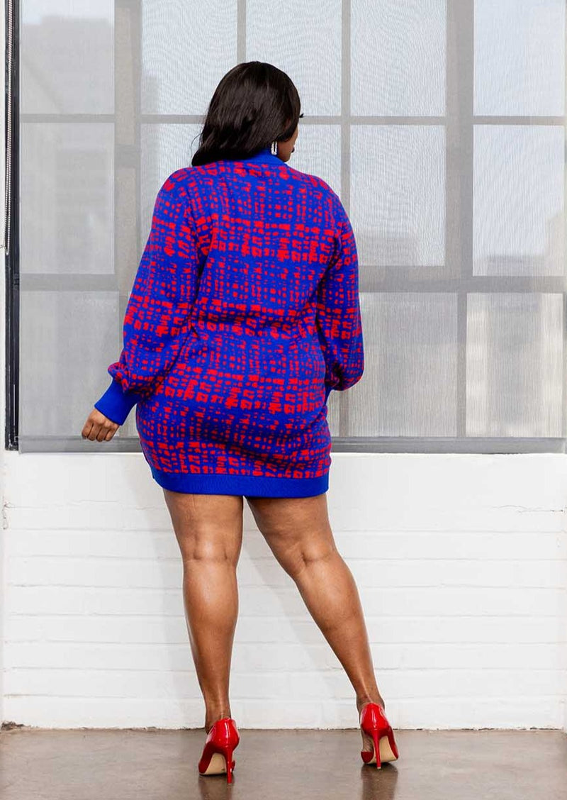 Keziah Women's African Print Sweater Dress (Red Blue Adire) - Clearance