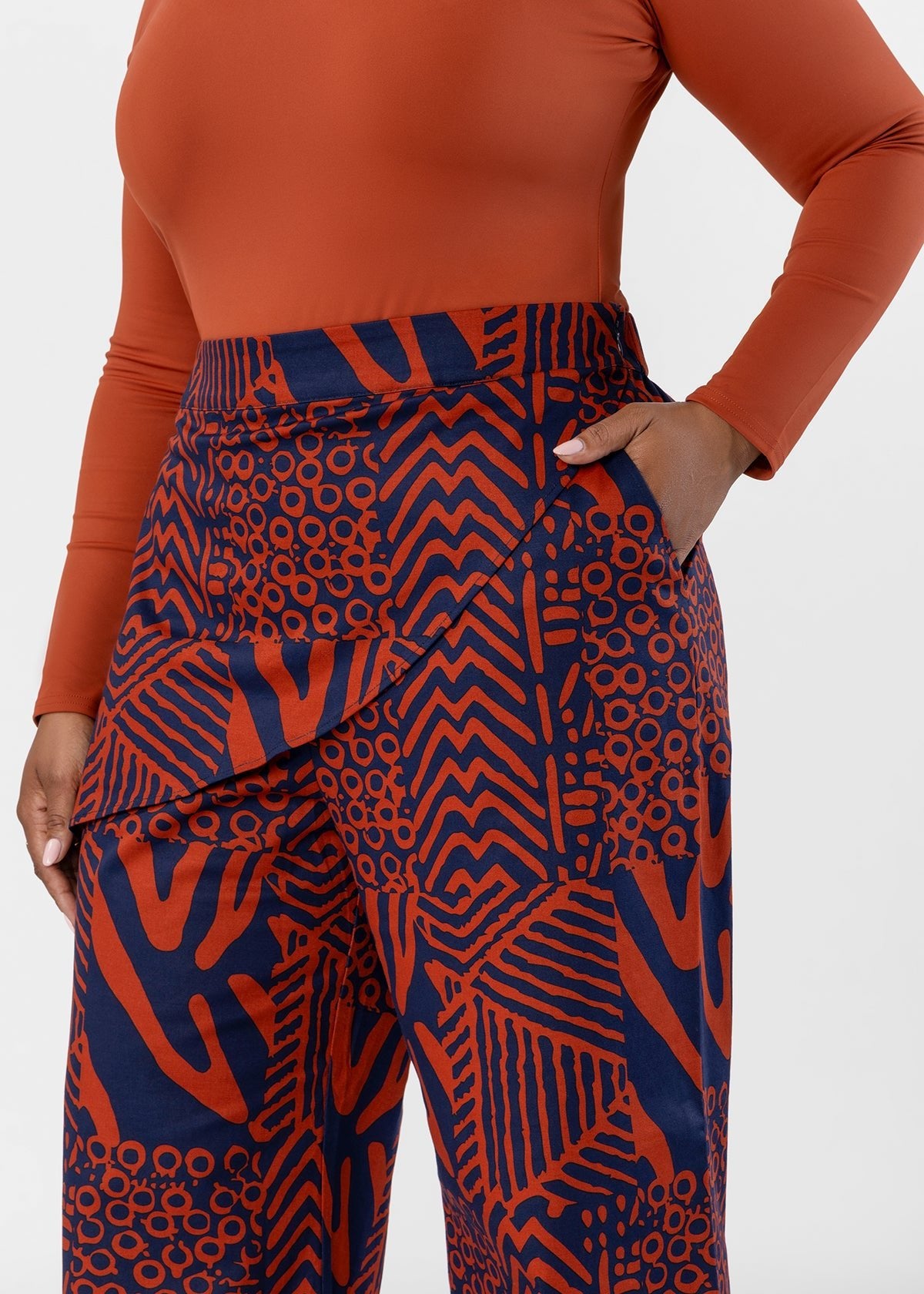 Yasmine Women's African Print Asymmetrical Pants (Rust Navy Multipattern) - D'IYANU