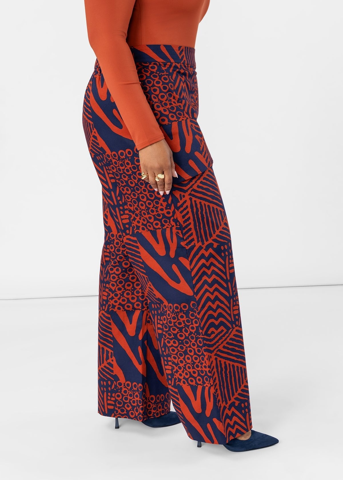 Yasmine Women's African Print Asymmetrical Pants (Rust Navy Multipattern) - D'IYANU