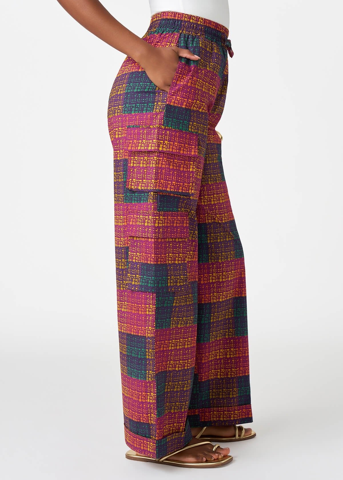Yejide Women's African Print Cargo Pants (Harvest Plaid Adire) - D'IYANU