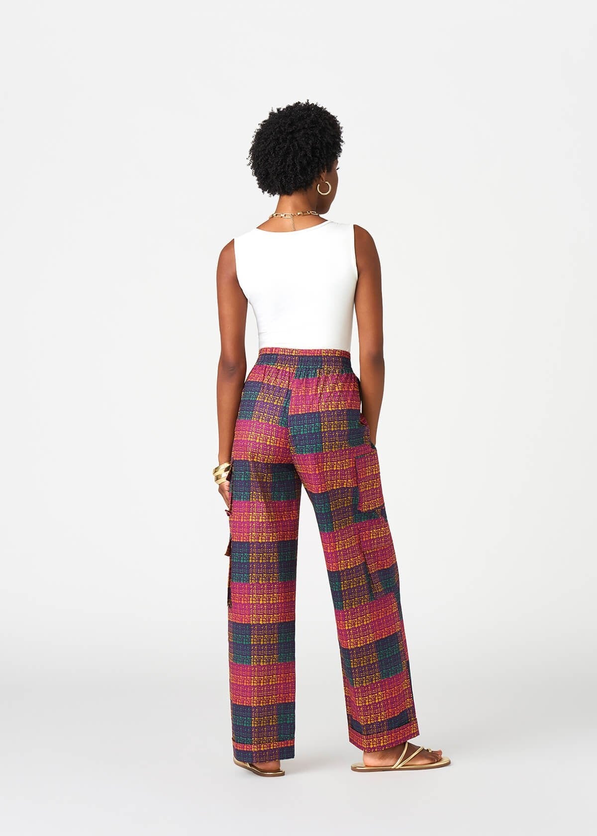 Yejide Women's African Print Cargo Pants (Harvest Plaid Adire) - D'IYANU