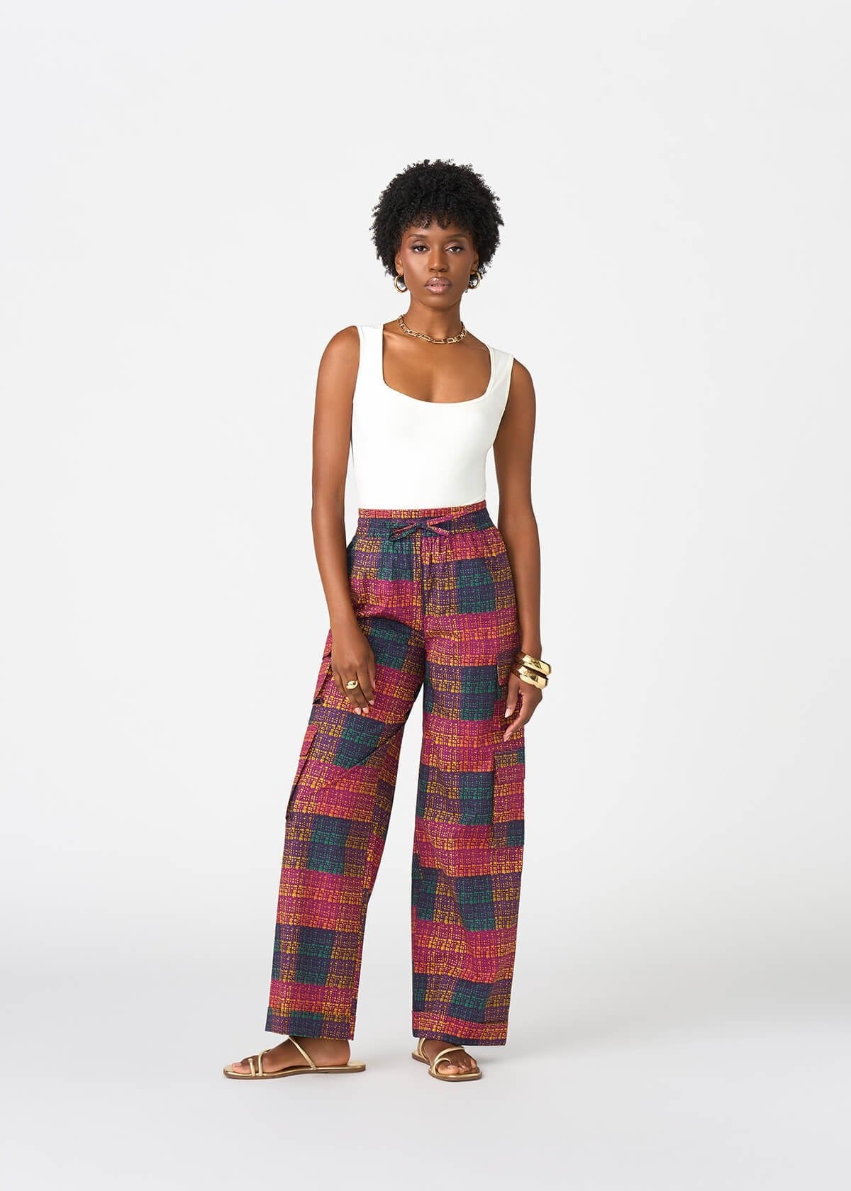 Yejide Women's African Print Cargo Pants (Harvest Plaid Adire) - D'IYANU