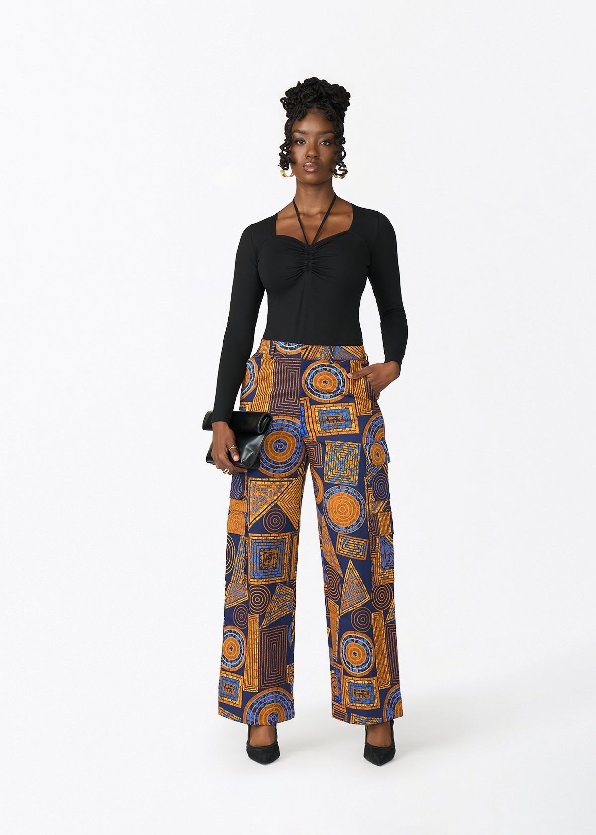 Yunma Women's African Print Twill Cargo Pant (Royal Blue Geometric) - D'IYANU