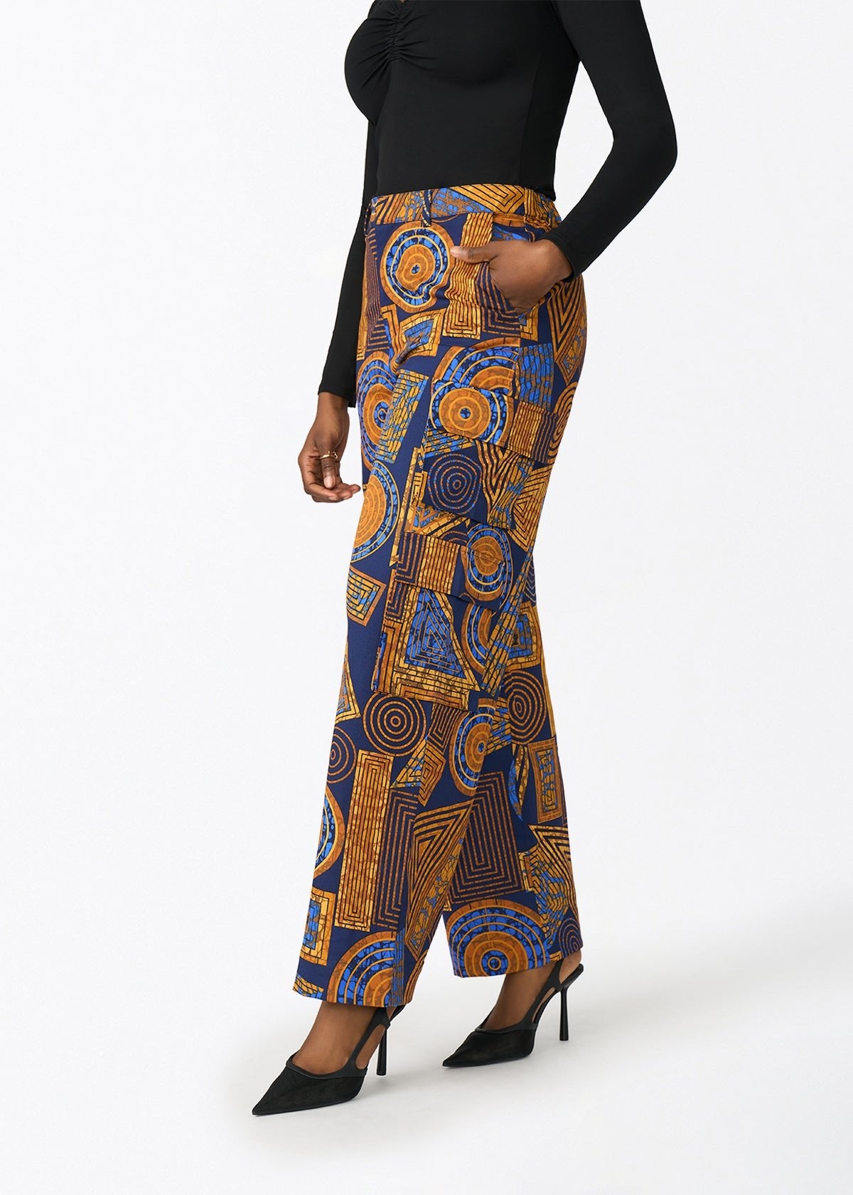 Yunma Women's African Print Twill Cargo Pant (Royal Blue Geometric) - D'IYANU