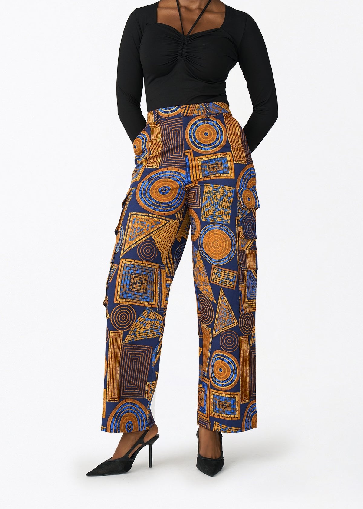Yunma Women's African Print Twill Cargo Pant (Royal Blue Geometric) - D'IYANU