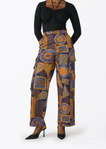 Yunma Women's African Print Twill Cargo Pant (Royal Blue Geometric) - D'IYANU