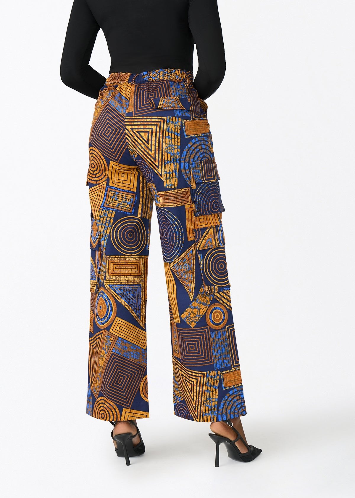 Yunma Women's African Print Twill Cargo Pant (Royal Blue Geometric) - D'IYANU