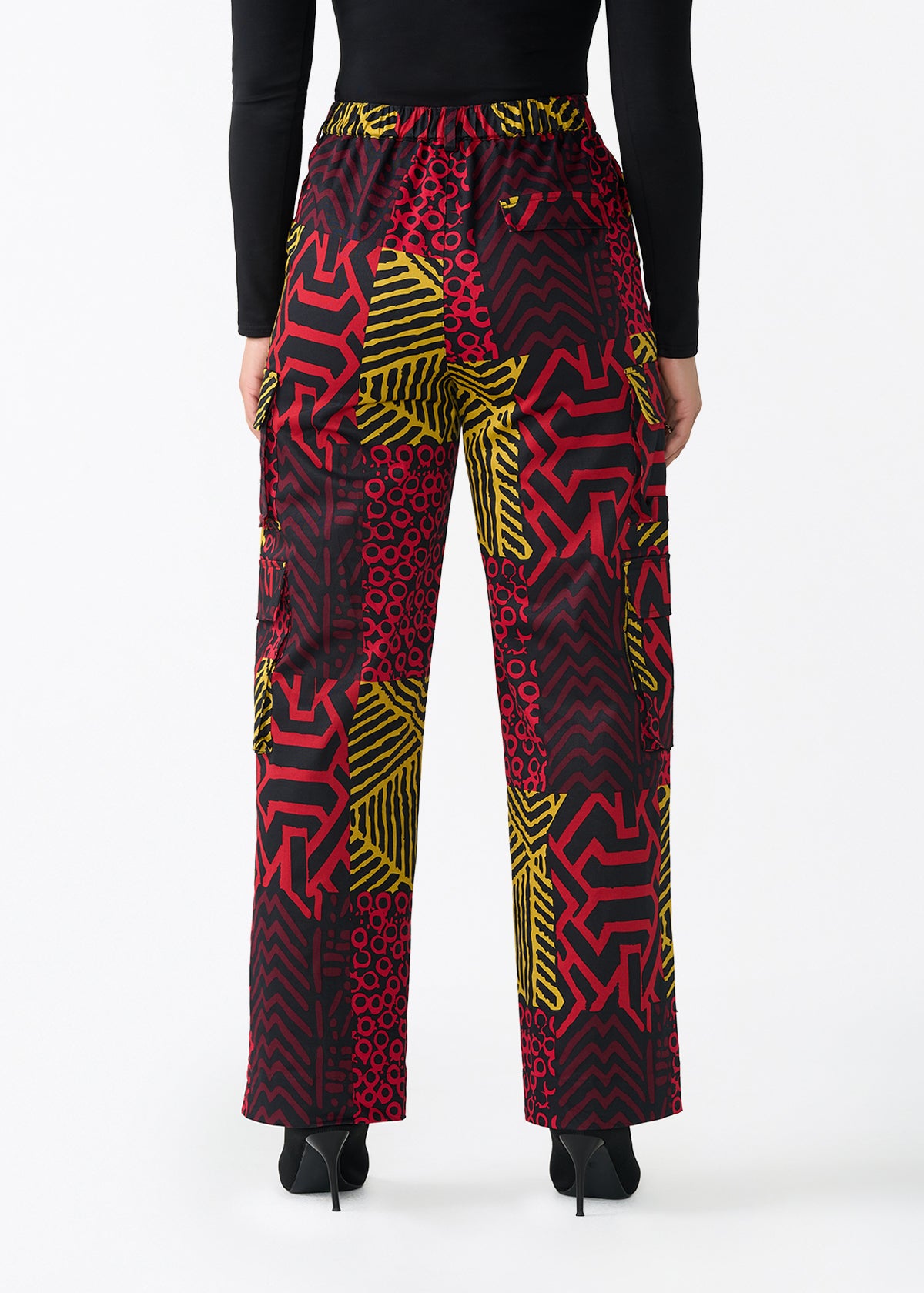 Yunma Women's African Print Twill Cargo Pants (Black Cherry Multipattern)