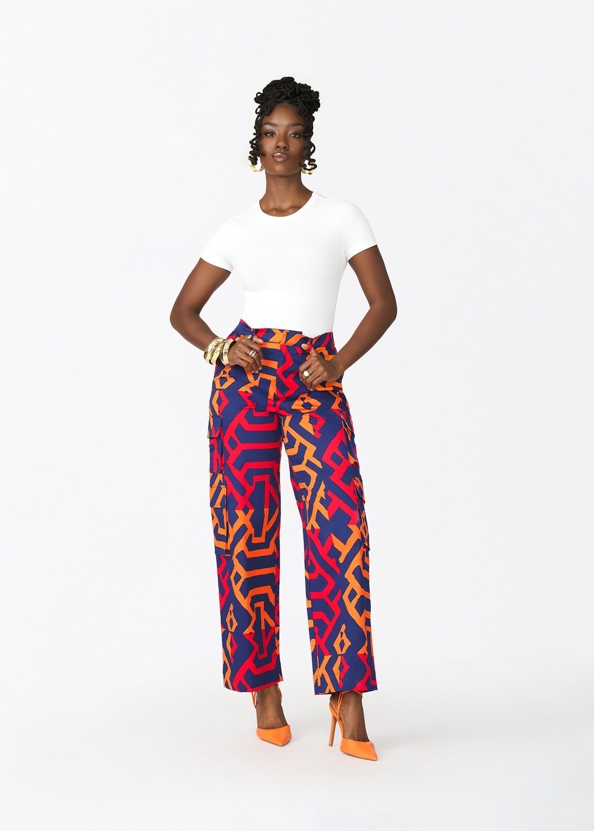 Yunma Women's African Print Twill Cargo Pants (Blue Flame Tribal) - D'IYANU