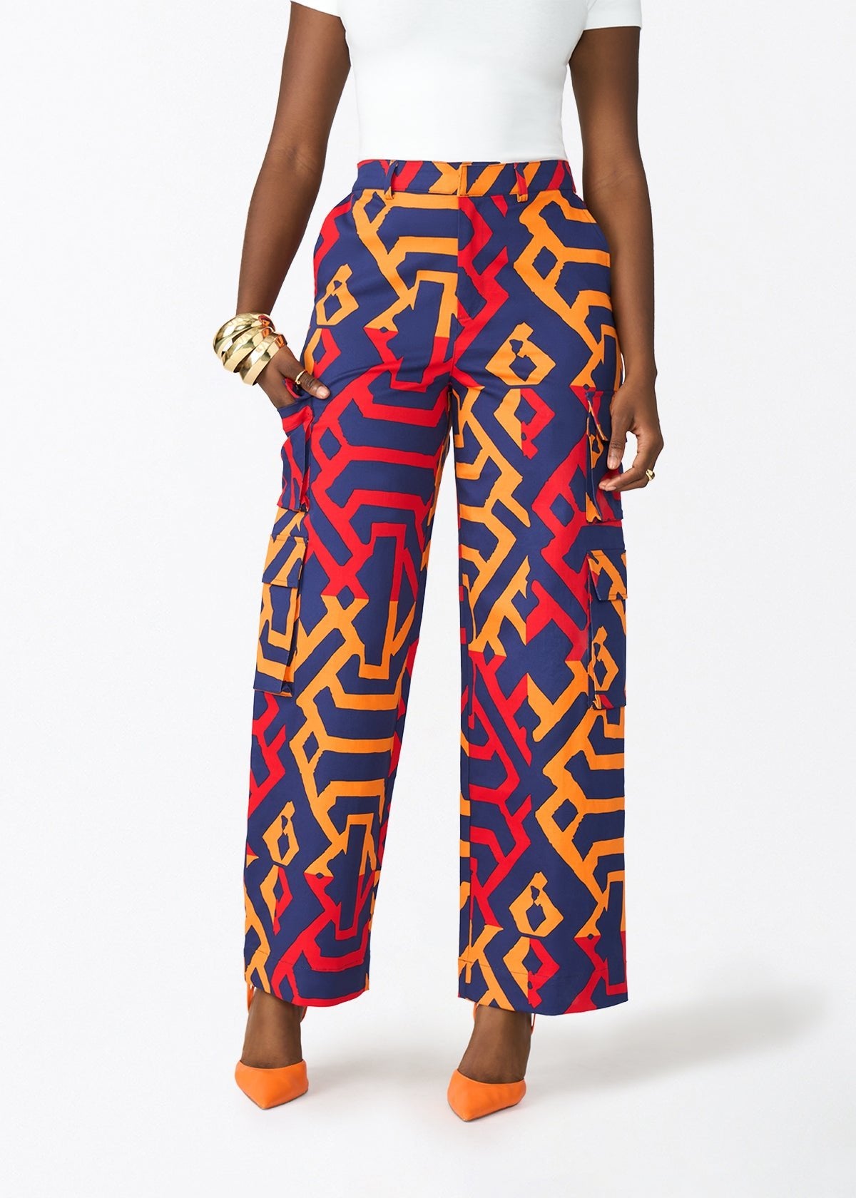 Yunma Women's African Print Twill Cargo Pants (Blue Flame Tribal) - D'IYANU