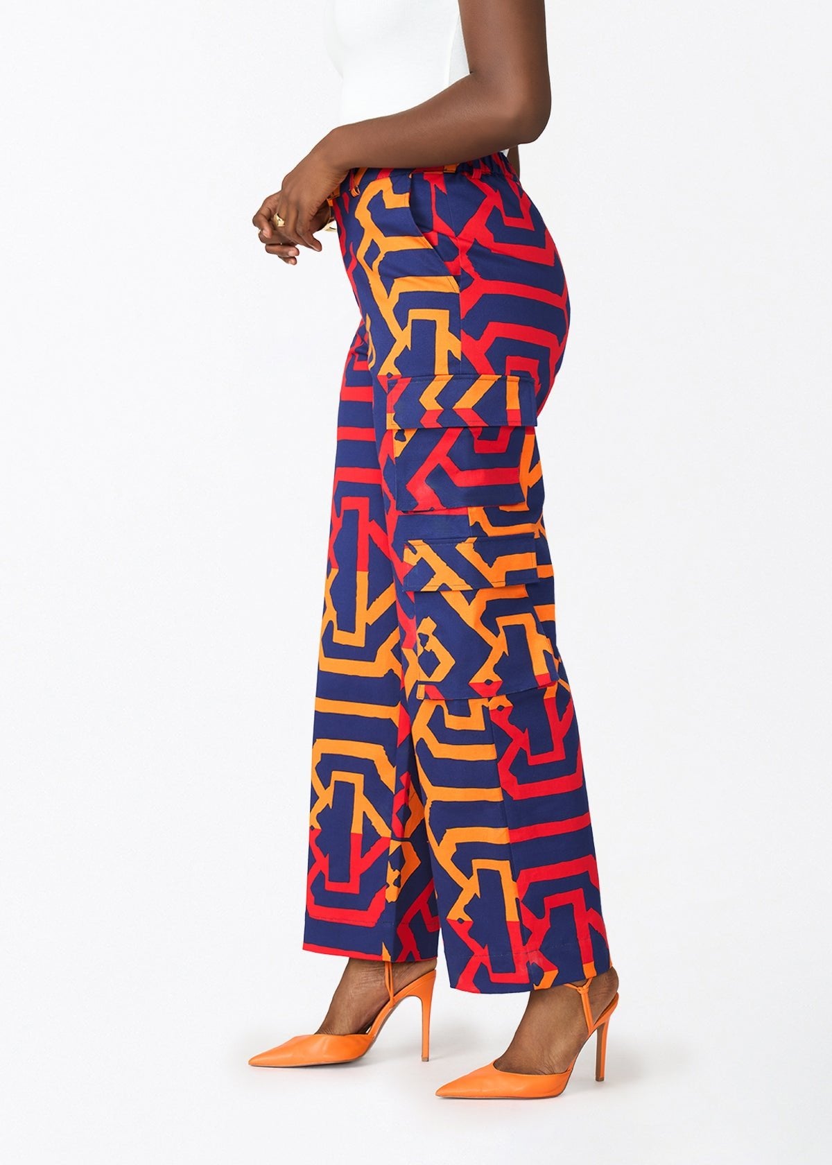 Yunma Women's African Print Twill Cargo Pants (Blue Flame Tribal) - D'IYANU