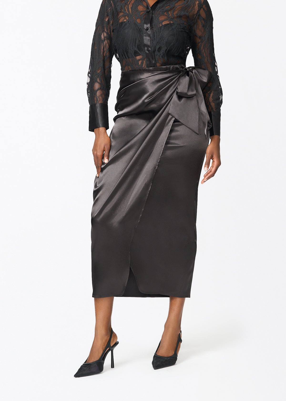 Zaya Women's Stretch Satin Faux Wrap Skirt (Black) - D'IYANU