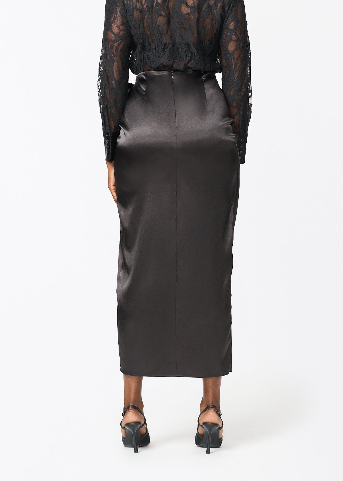 Zaya Women's Stretch Satin Faux Wrap Skirt (Black) - D'IYANU