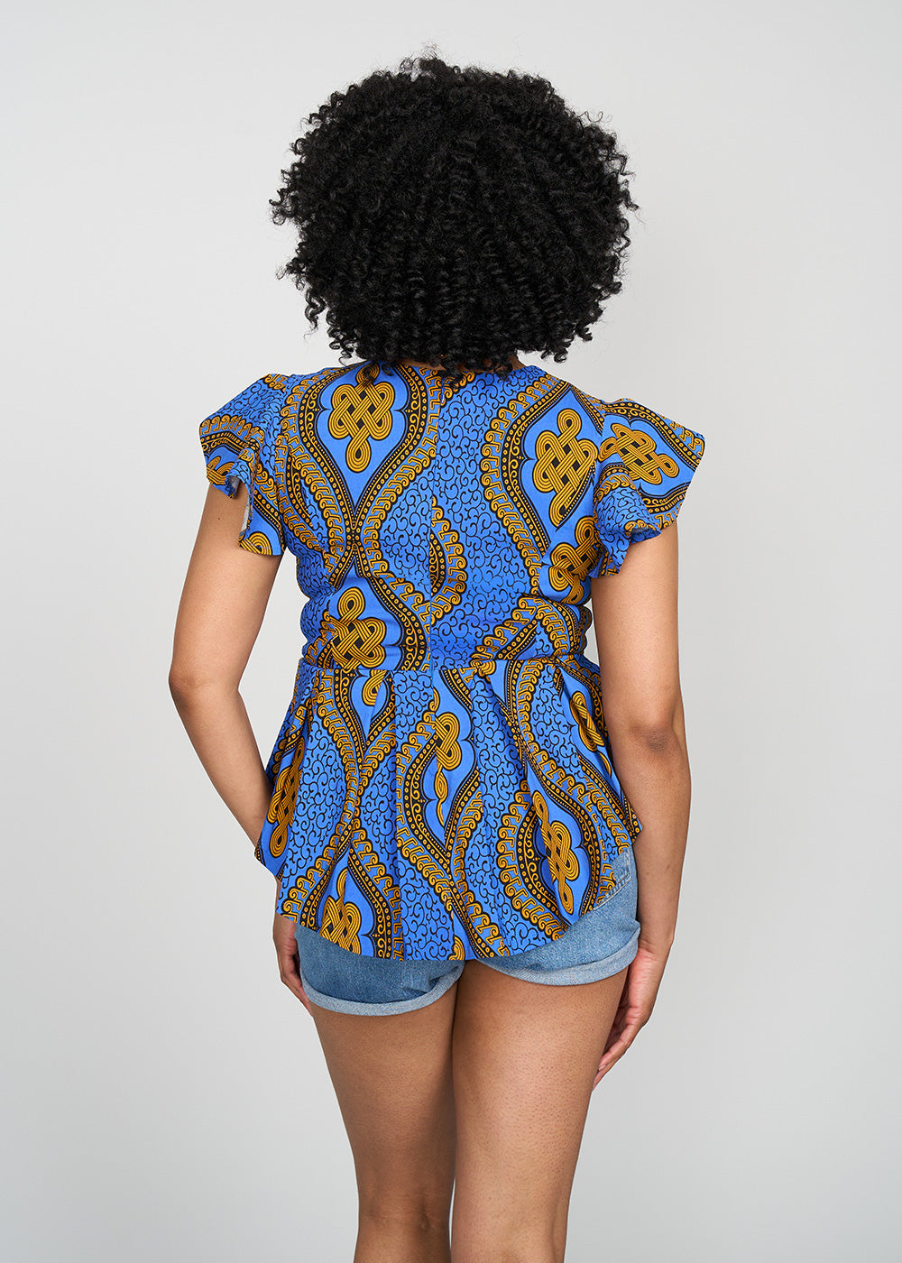 Women's African Print Stretch Peplum Top - Gold Blue Motif