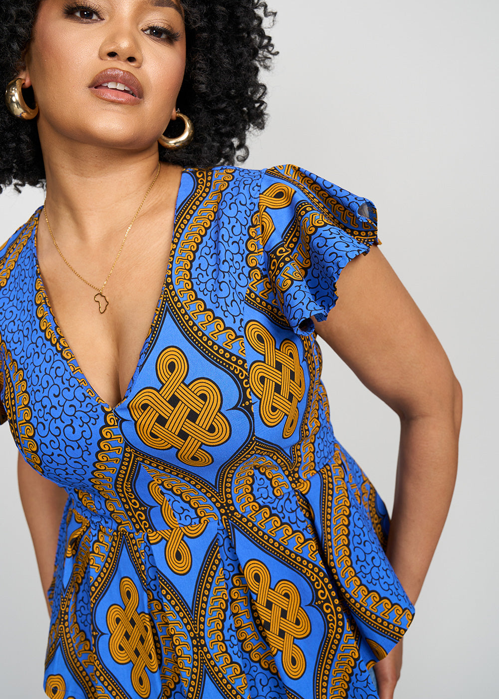 D iyanu Zera Women s African Print Stretch Peplum Top Gold Blue Motif Blue 3X
