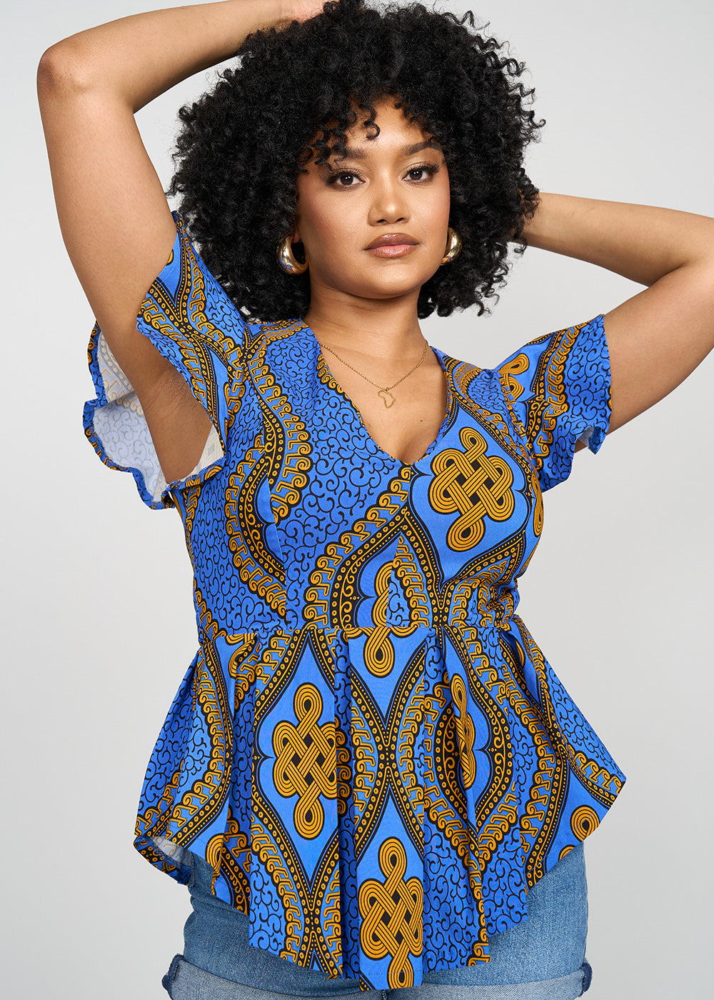 Zera Women s African Print Stretch Peplum Top Gold Blue Motif