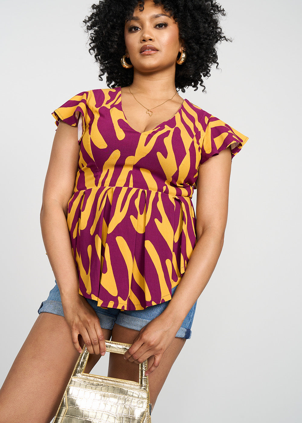 Zera Women's African Print Stretch Peplum Top (Gold Zebra Abstract)- Clearance