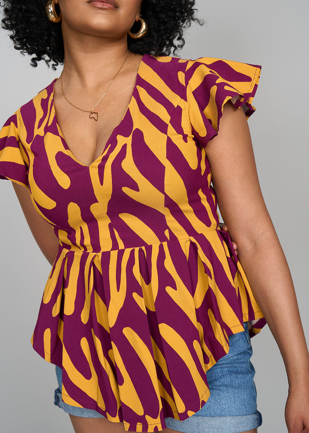 Zera Women's African Print Stretch Peplum Top (Gold Zebra Abstract)- Clearance