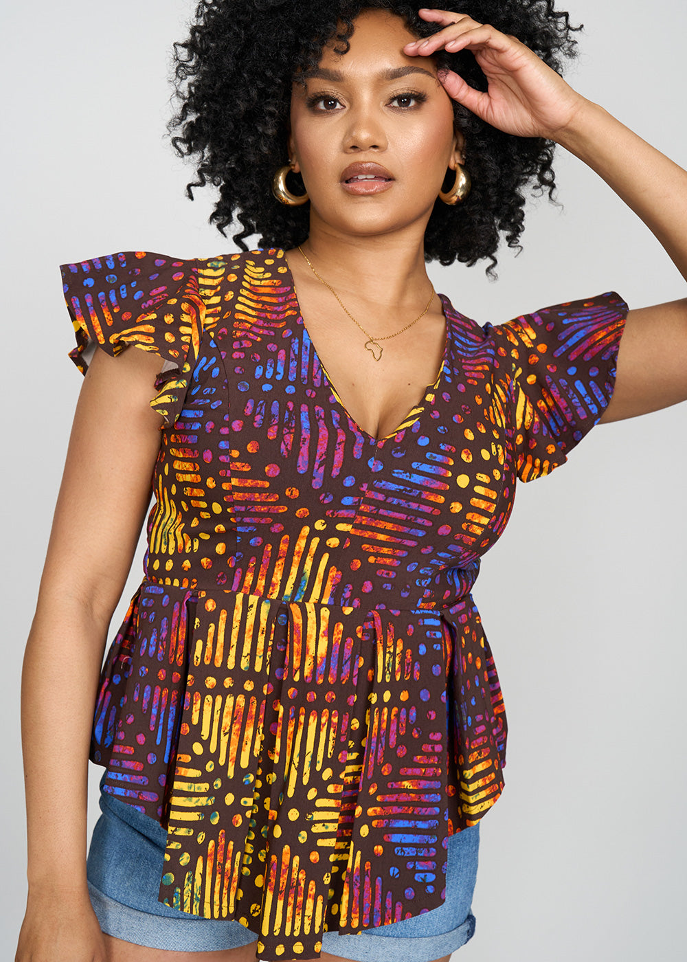 Zera Women s African Print Stretch Peplum Top Sunset Adire