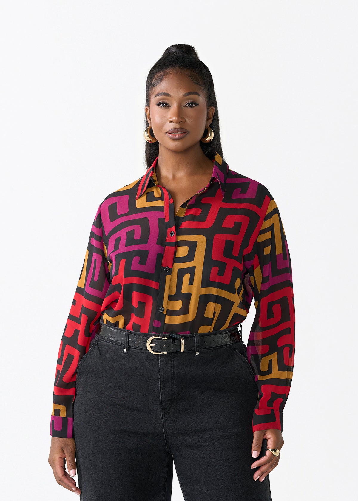 Zoela Women's African Print Sheer Chiffon Blouse (Black Berry Kuba)