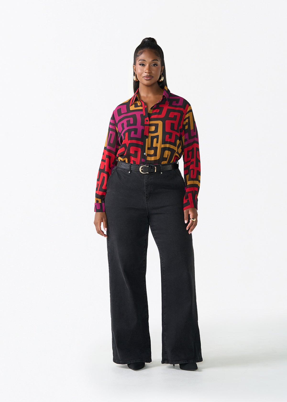 Zoela Women's African Print Sheer Chiffon Blouse (Black Berry Kuba)