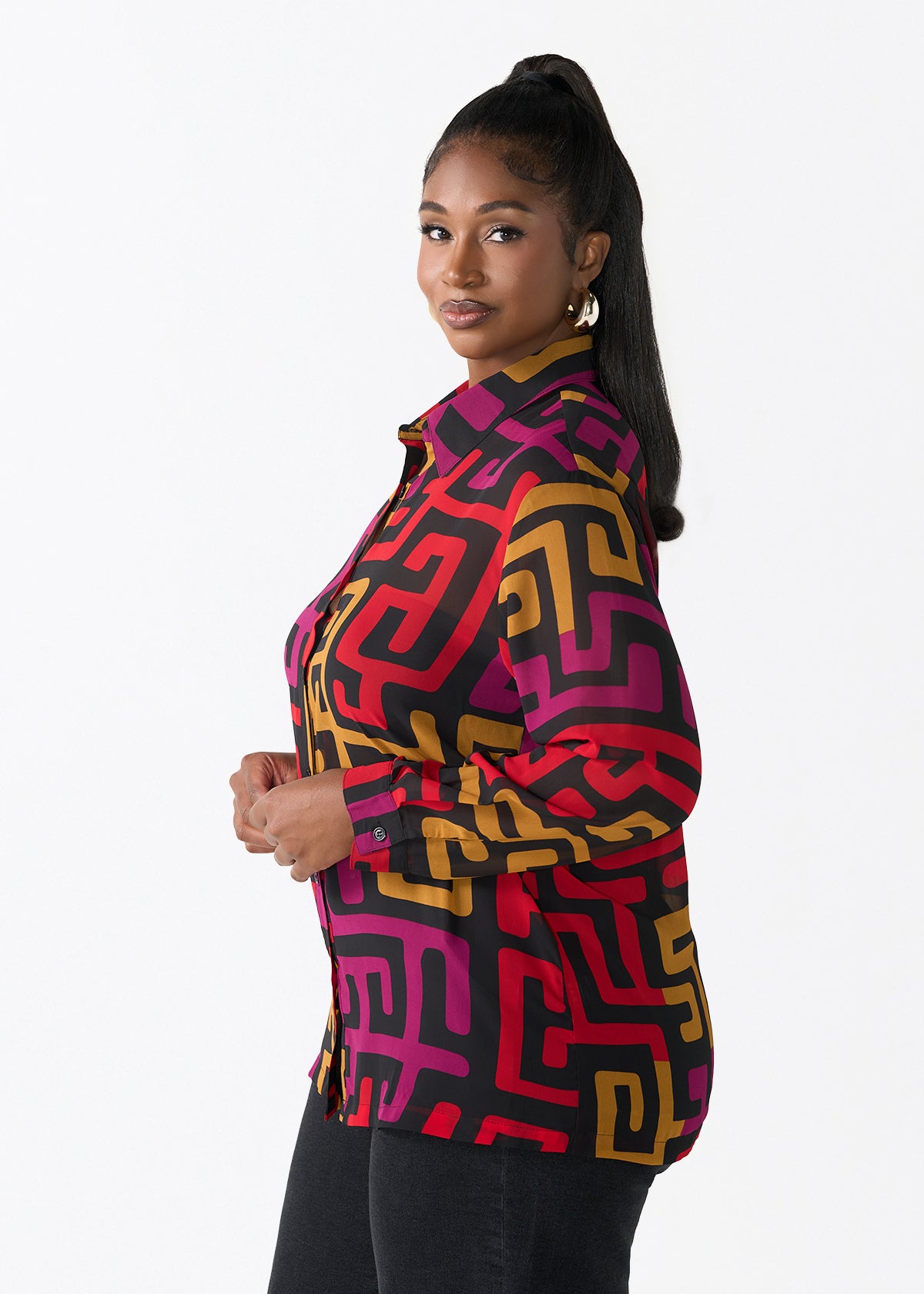 Zoela Women's African Print Sheer Chiffon Blouse (Black Berry Kuba)