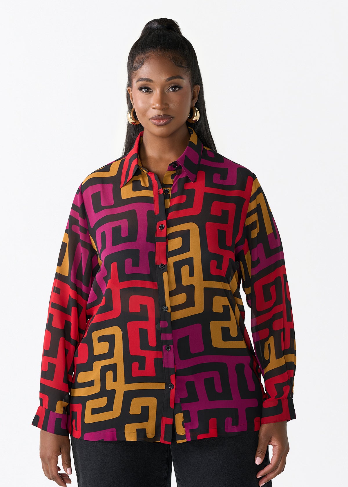 Zoela Women's African Print Sheer Chiffon Blouse (Black Berry Kuba)