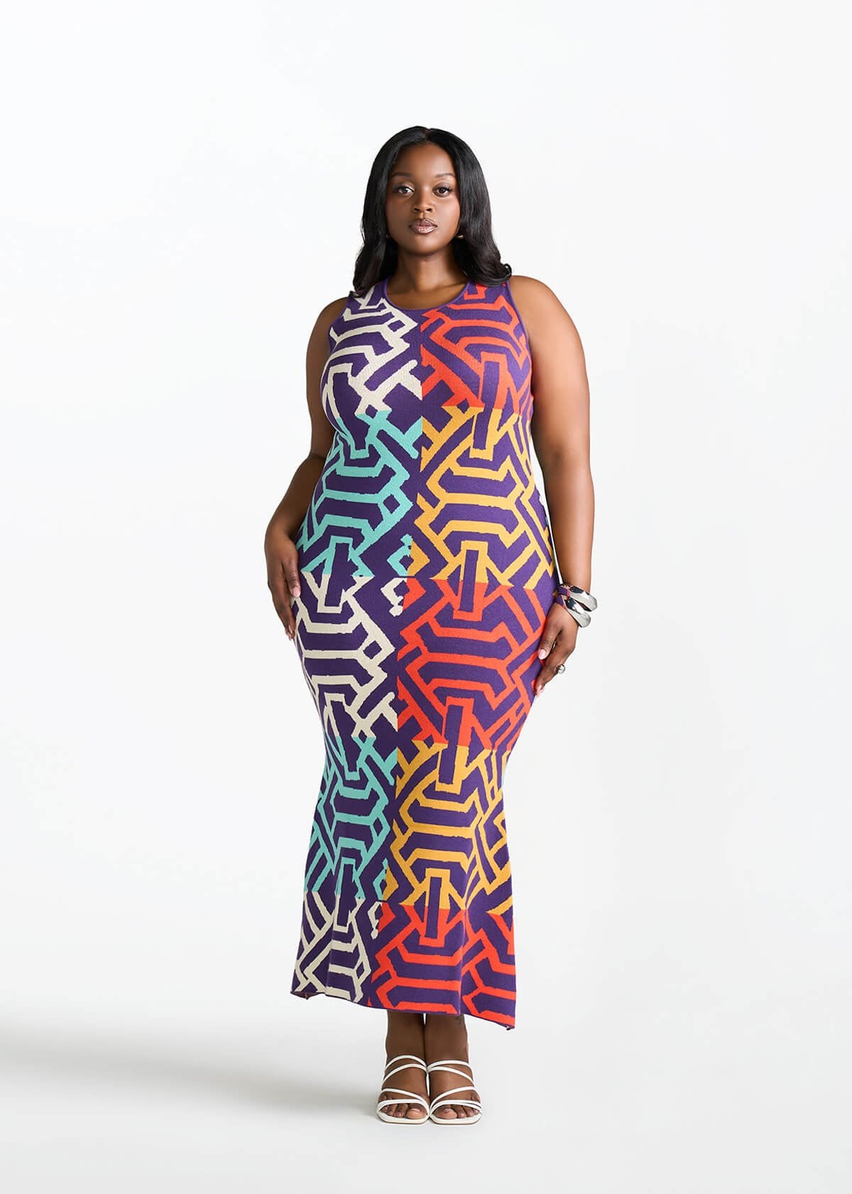 Zolani Women's African Print Knit Dress (Purple Multicolor Tribal) Orange - D'IYANU