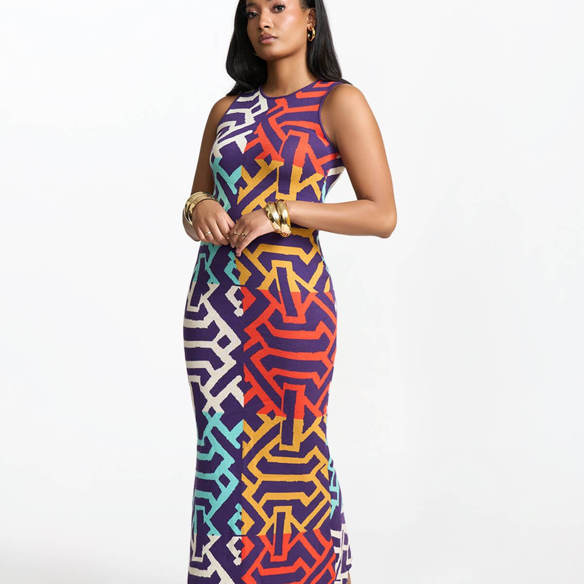 Zolani Women's African Print Knit Dress (Purple Multicolor Tribal) Orange / XS