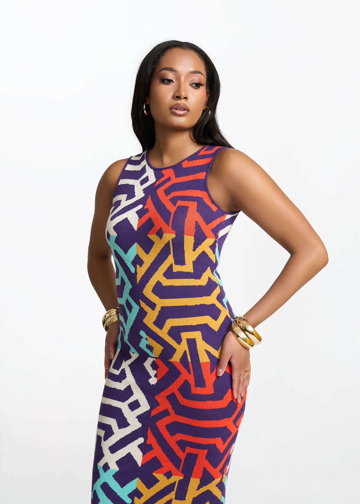 Zolani Women's African Print Knit Dress (Purple Multicolor Tribal) - D'IYANU