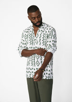 Ajisomo Men's African Print Tunic Shirt (White Olive Tribal) - D'IYANU