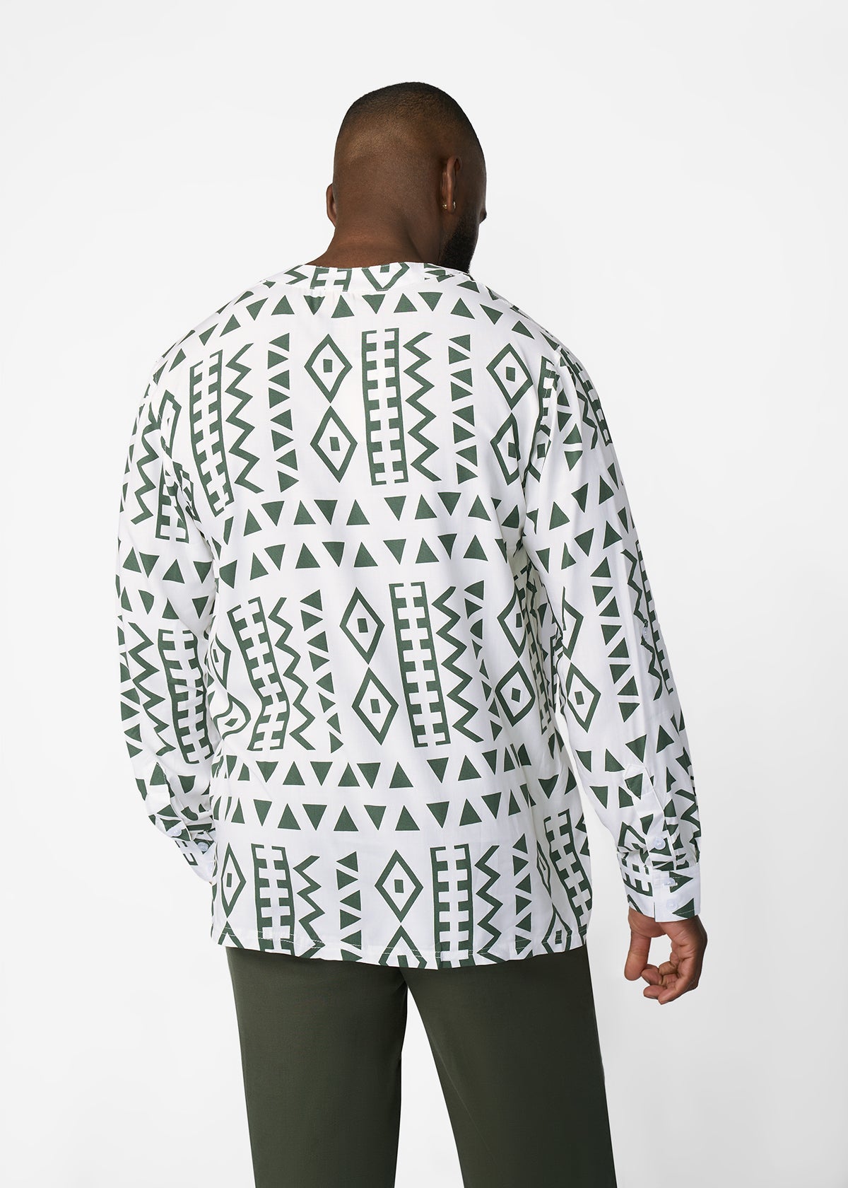 Ajisomo Men's African Print Tunic Shirt (White Olive Tribal) - D'IYANU