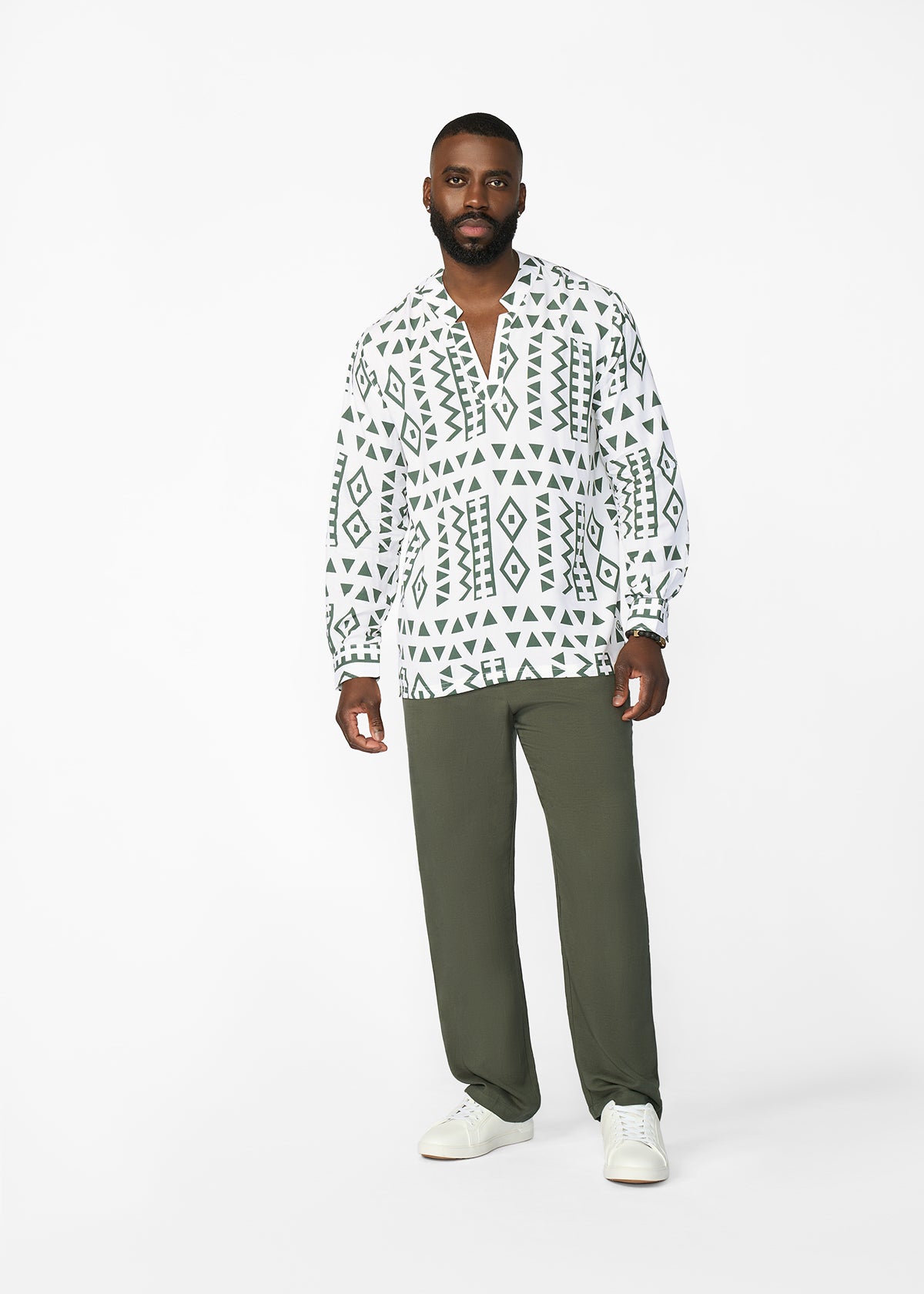 Ajisomo Men's African Print Tunic Shirt (White Olive Tribal) - D'IYANU
