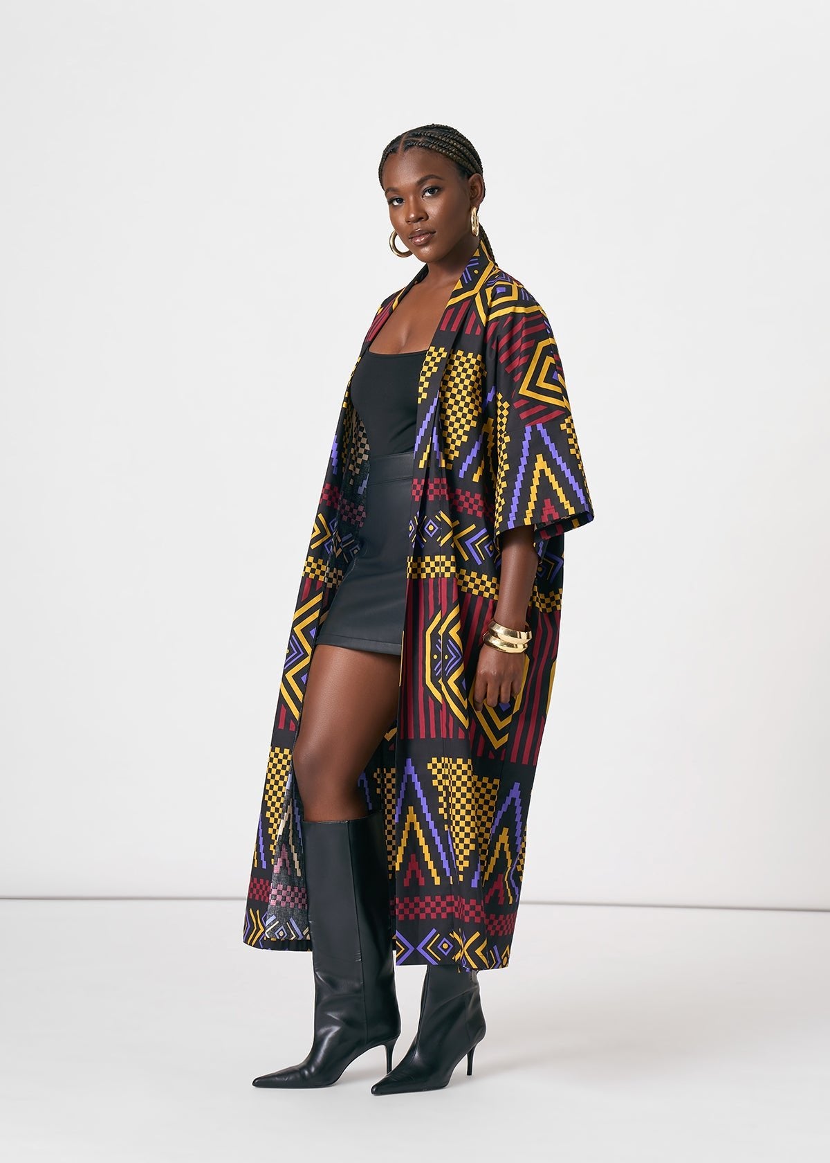 Amina Women's African Print Kimono (Black Burgundy Tribal) - D'IYANU