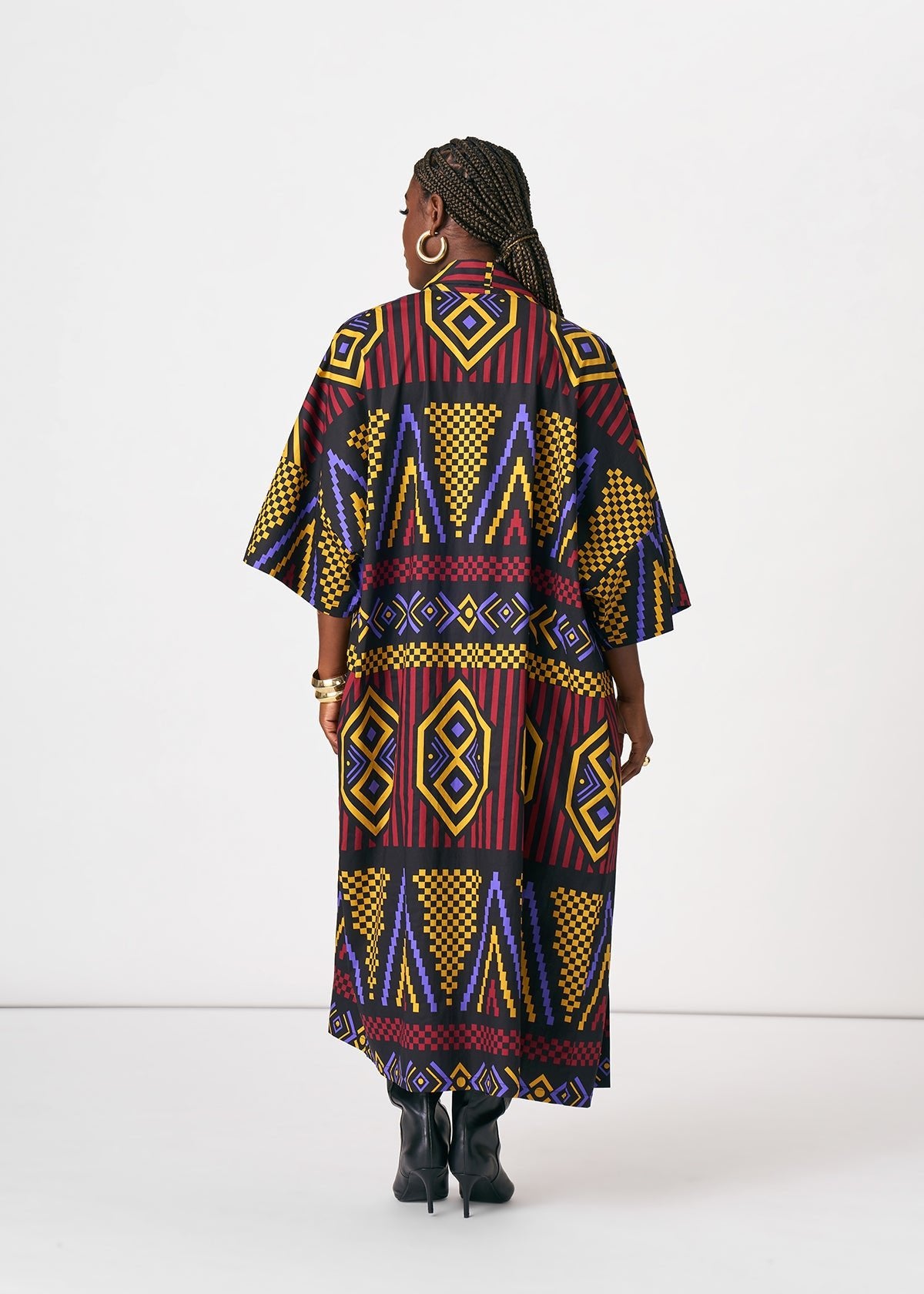 Amina Women's African Print Kimono (Black Burgundy Tribal) - D'IYANU