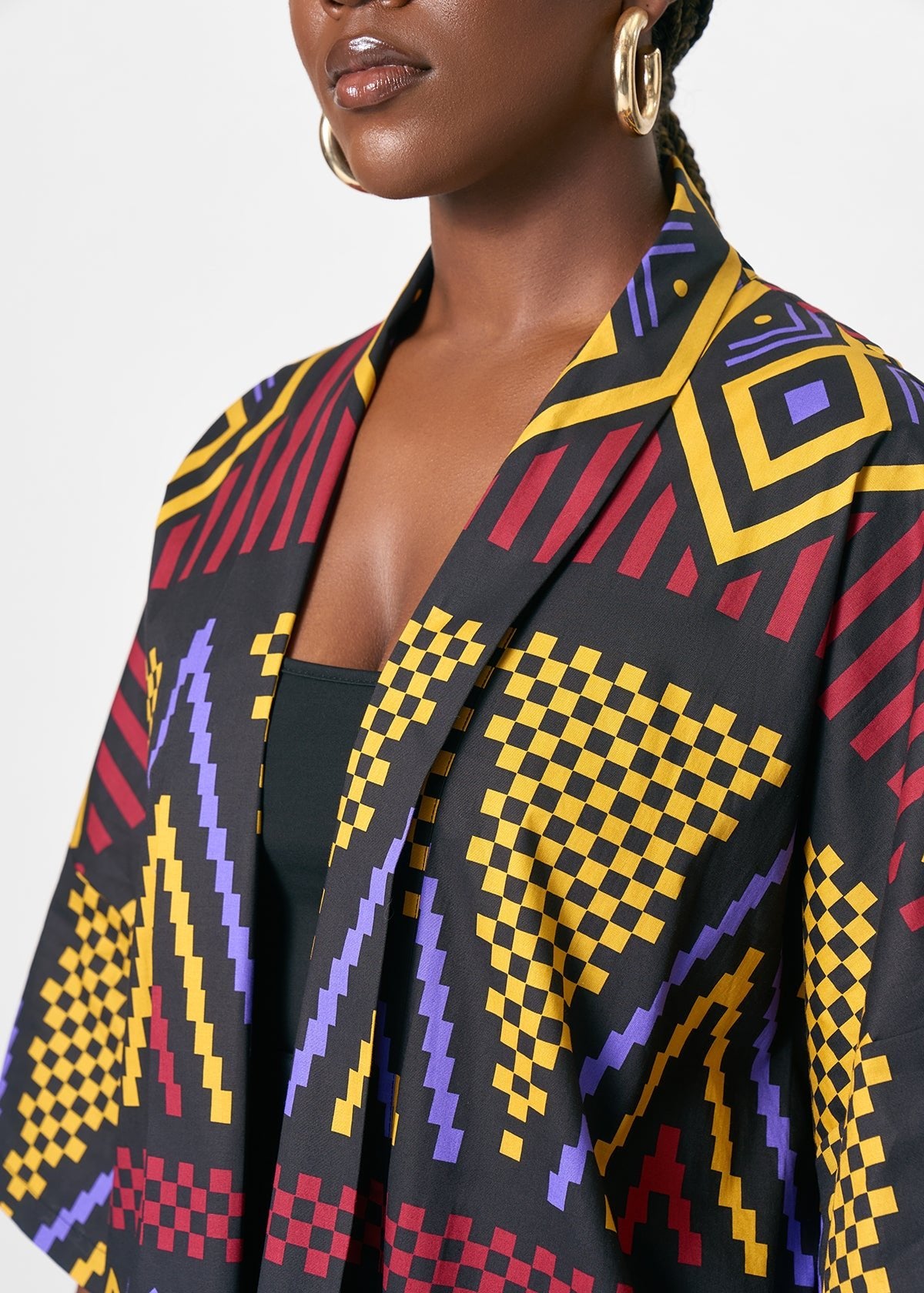 Amina Women's African Print Kimono (Black Burgundy Tribal) - D'IYANU