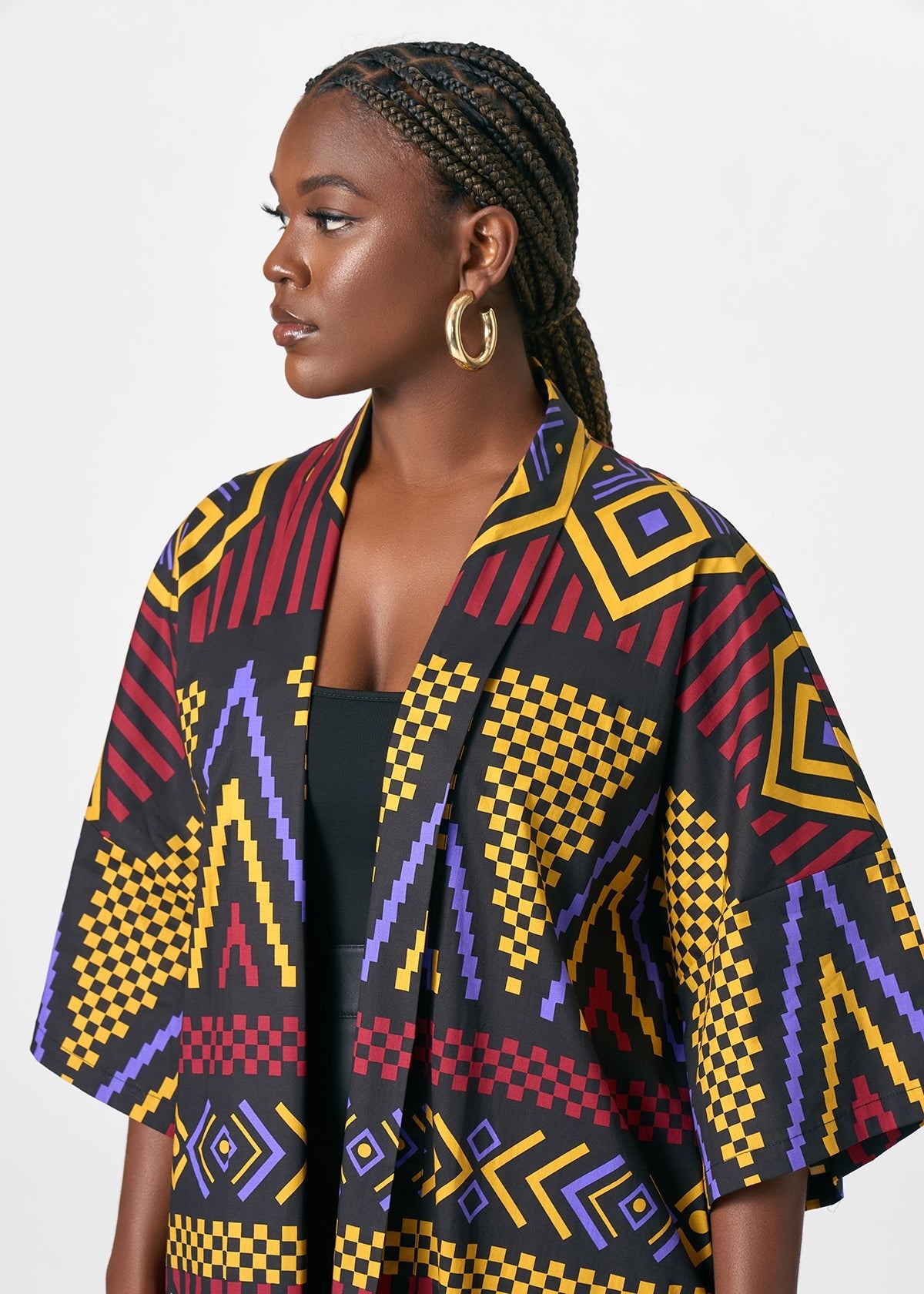 Amina Women's African Print Kimono (Black Burgundy Tribal) - D'IYANU