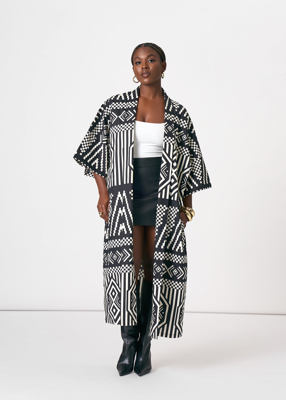 Amina Women's African Print Kimono (Black Cream Tribal) - D'IYANU