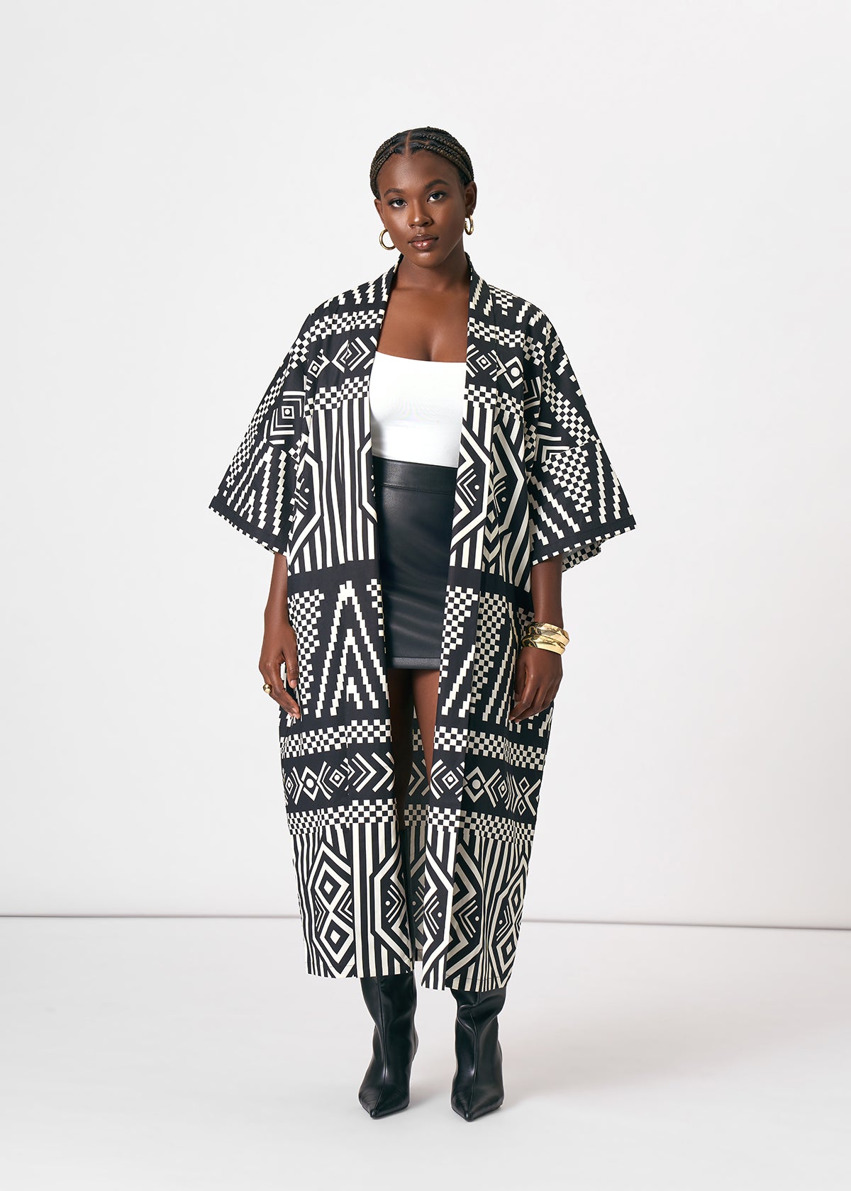 Amina Women's African Print Kimono (Black Cream Tribal) - D'IYANU
