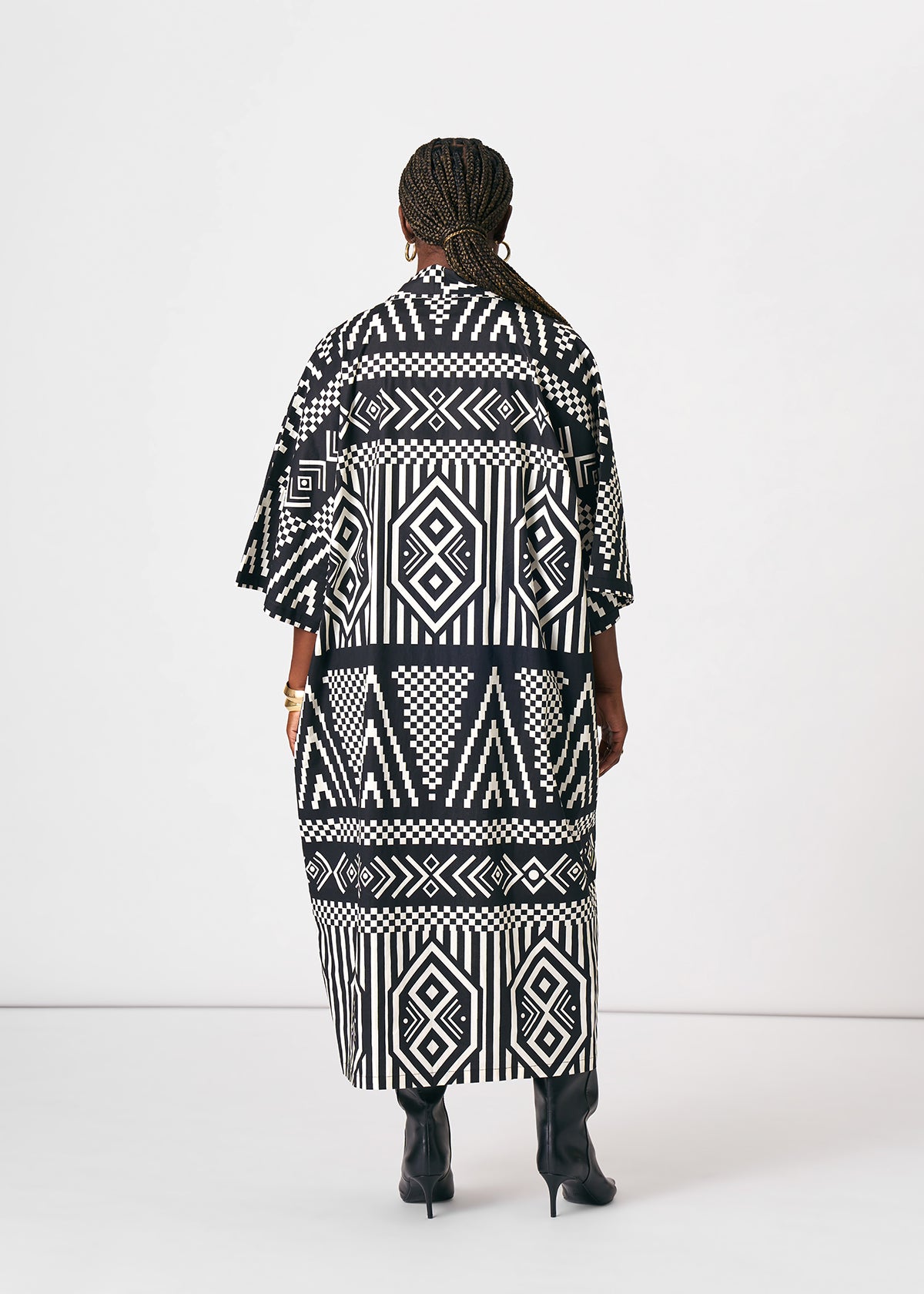 Amina Women's African Print Kimono (Black Cream Tribal) - D'IYANU