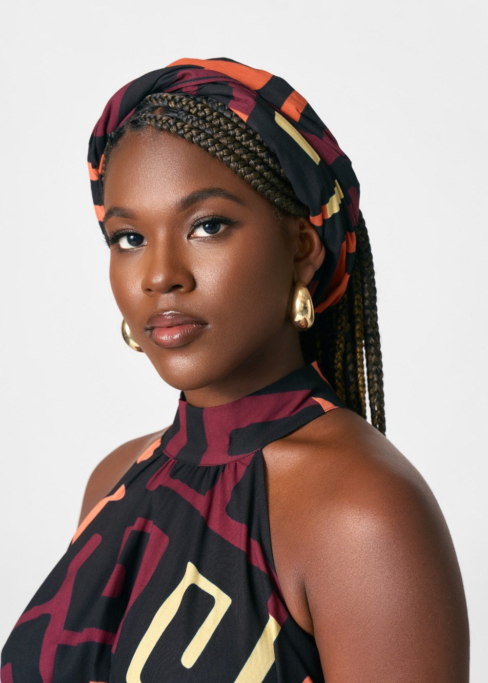 Women's African Print Head Wrap/Scarf (Neutral Kuba Geometric) - D'IYANU