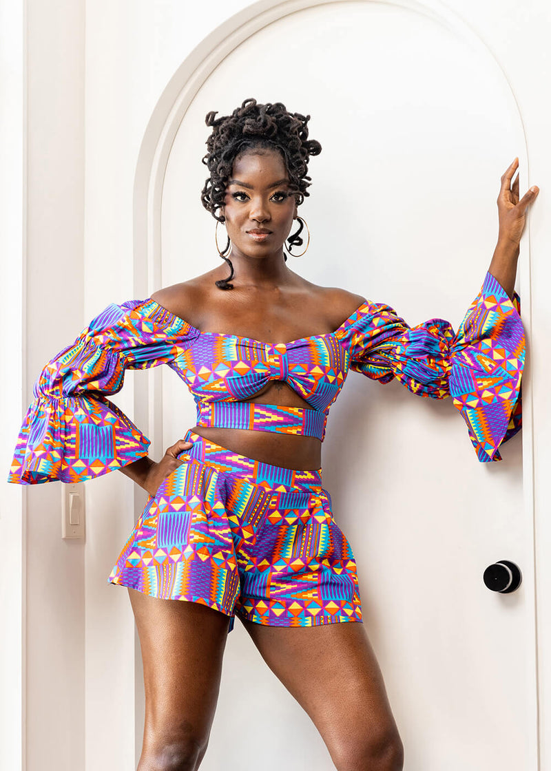 Nafasi Women's African Print Wide Leg Shorts (Rainbow Kente)-Clearance