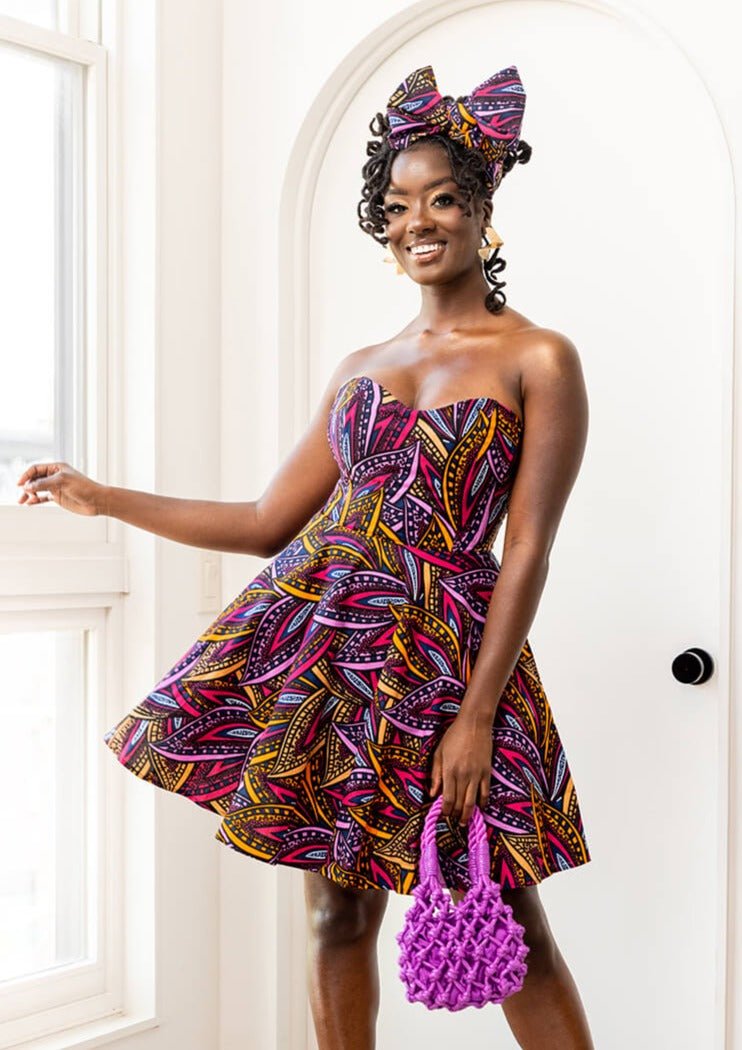Jioni Women's African Print Corset Dress (Sunset Leaves) - D'IYANU